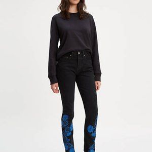 Women's Black Jeans with Blue Floral Design